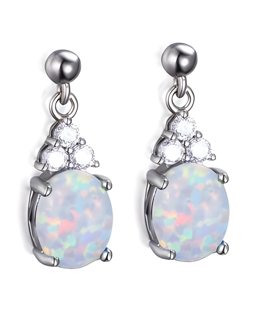 Silver-Tone Oval White Simulated Opal Drop Earrings With Crystal Trio