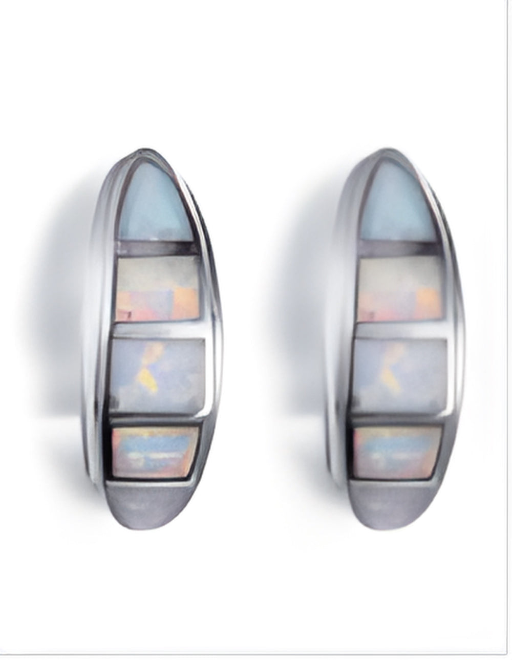 Silver-Tone White Simulated Opal Five-Stone Inlay Curved Oval Stud Earrings