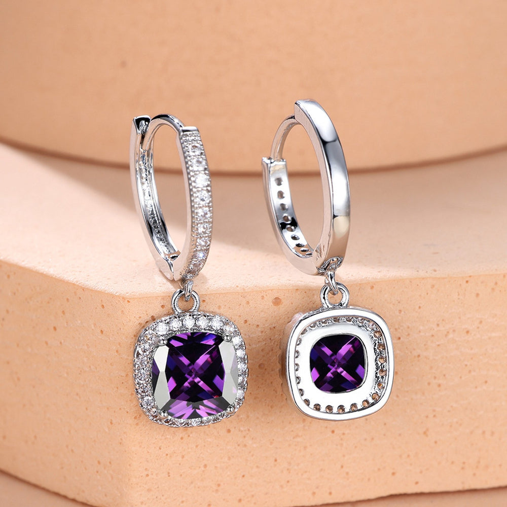 Silver-Tone Four-Prong Purple Crystal Drop Earrings
