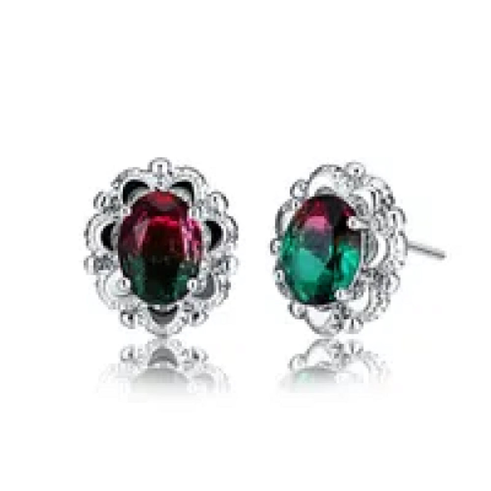 Silver-Tone Four-Prong Green Oval Crystal Scalloped Stud Earrings