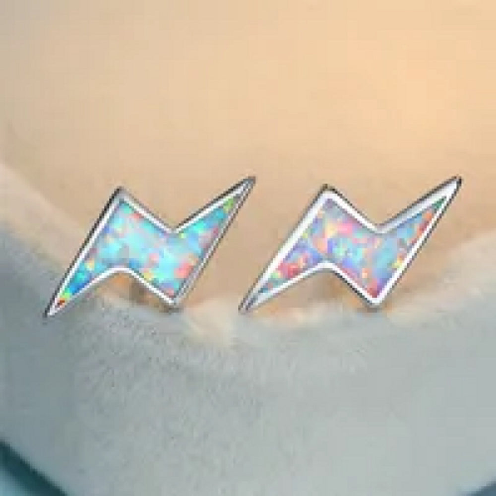 Silver-Tone White Simulated Opal Lightning Bolt Stud Earrings