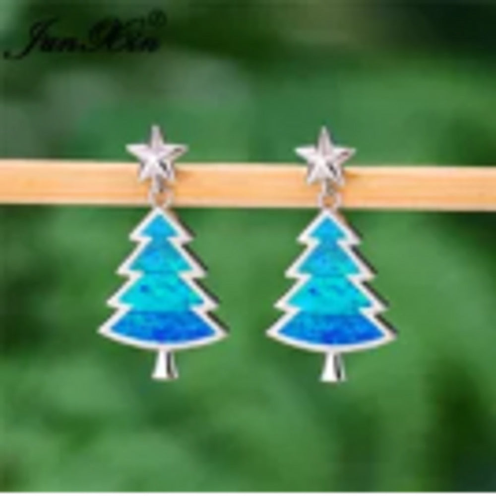 Silver-Tone Blue Simulated Opal Christmas Tree Stud Earrings