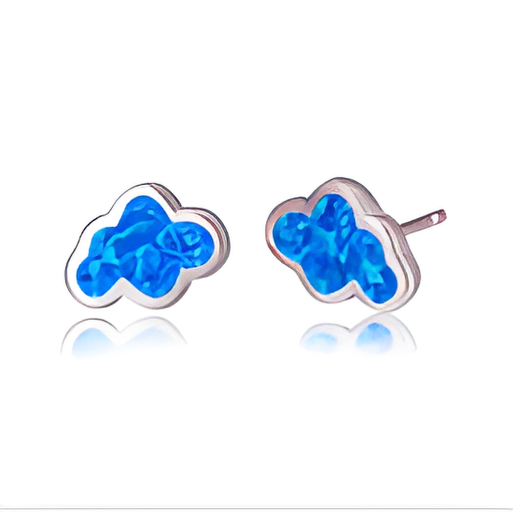 Silver-Tone Blue Simulated Opal Puffy Cloud Shaped Stud Earrings