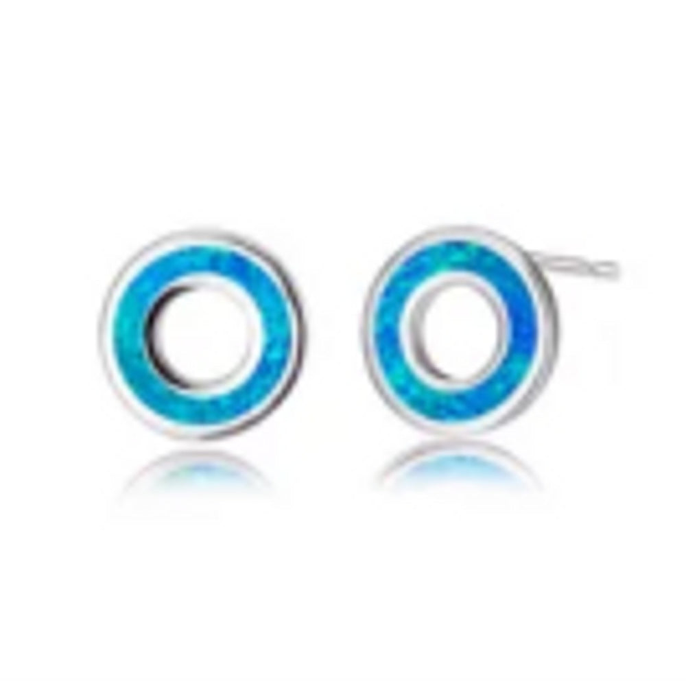 Silver-Tone Blue Simulated Opal Circle Stud Earrings