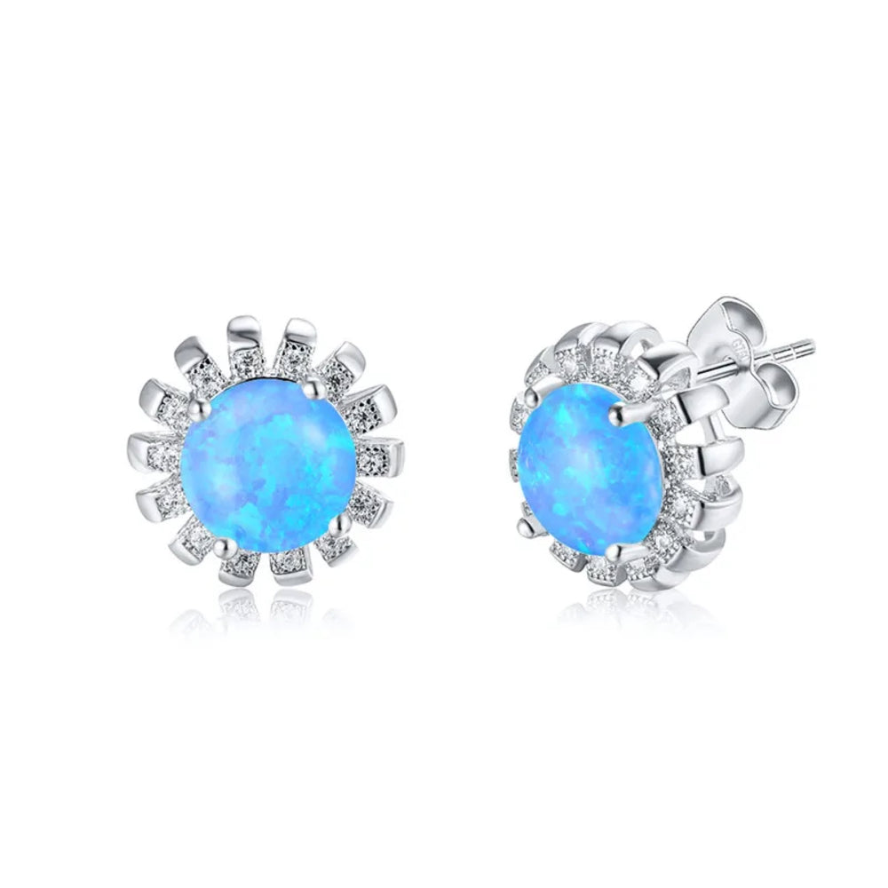 Silver-Tone Blue Simulated Opal Sunburst Halo Stud Earrings