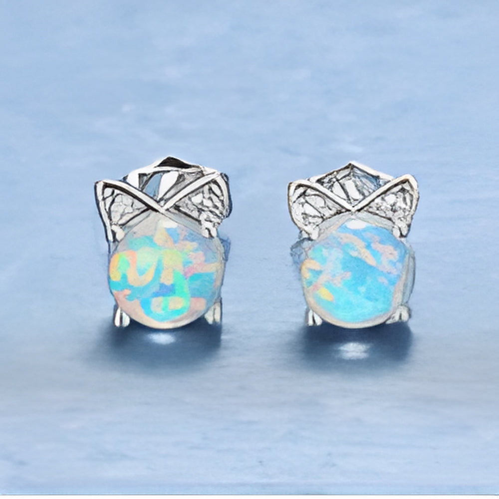 Silver-Tone White Simulated Opal Cute Kitty Cat Stud Earrings