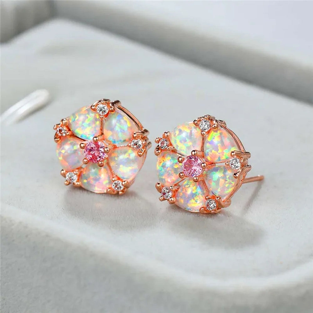 Rose Gold-Tone White Simulated Opal Flower Stud Earrings