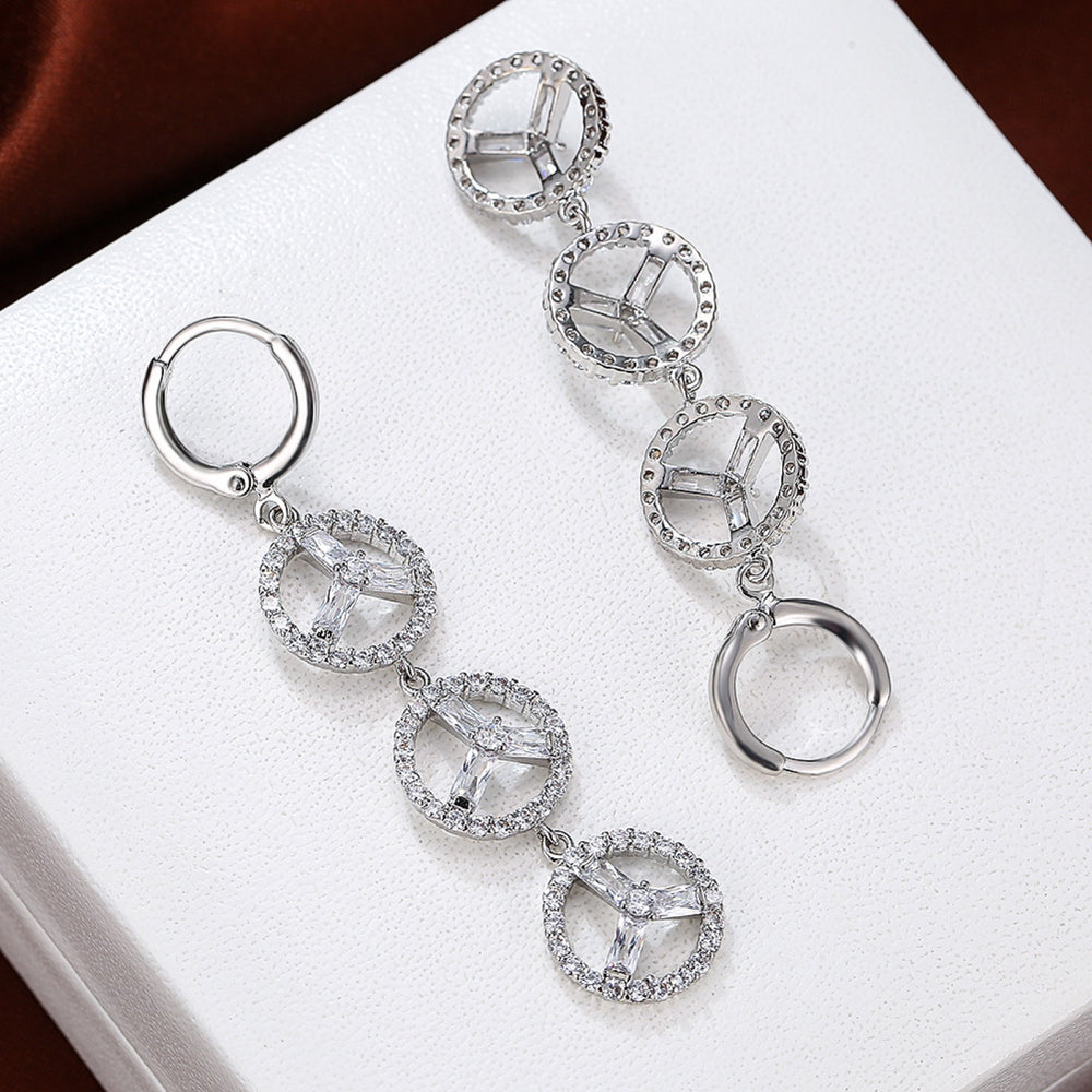 Silver-Tone White Crystal Circle Link Long Drop Earrings