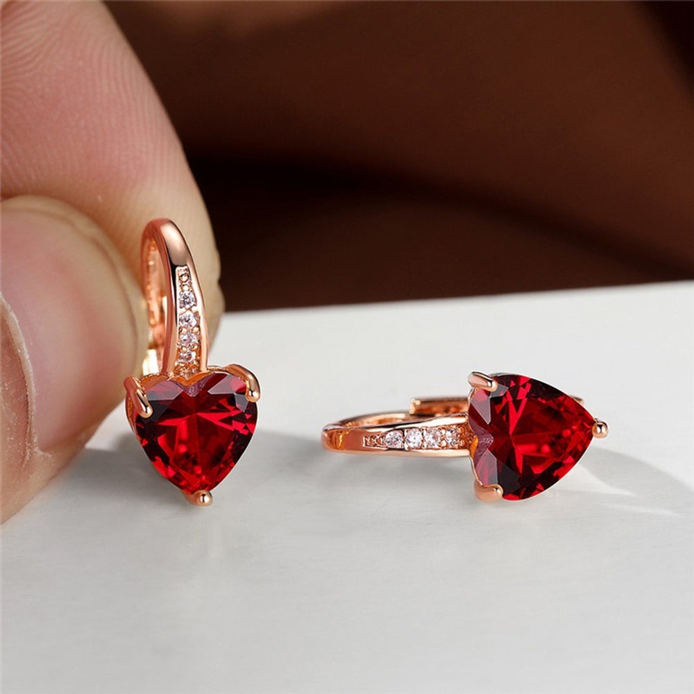 Rose Gold-Tone Red Crystal Heart Huggie Earrings