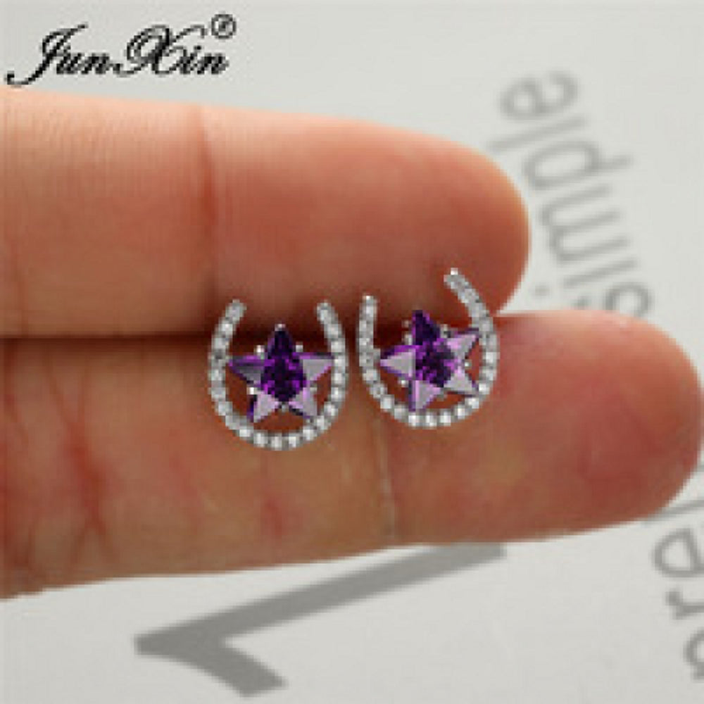 Silver-Tone Purple Crystal U-Shape Stud Earrings