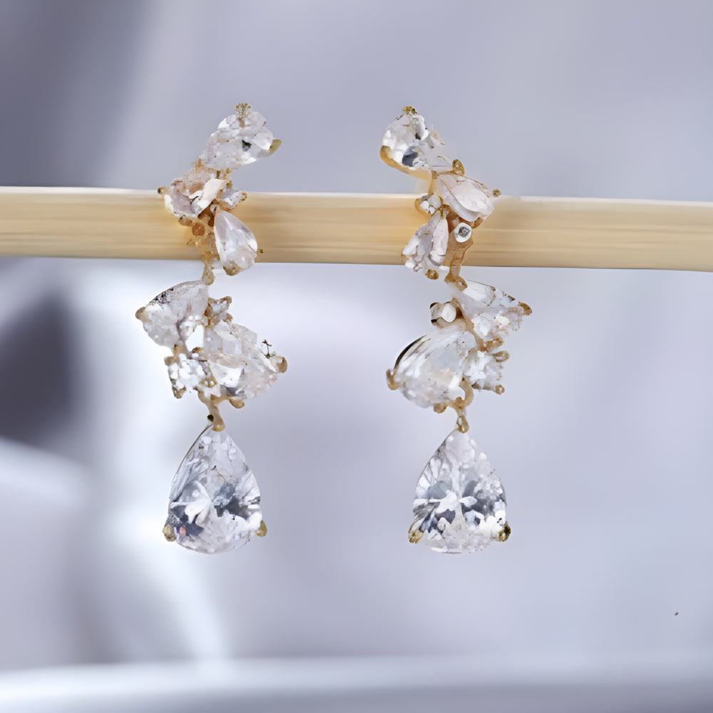 Gold-Tone White Pear Crystal Petal Cluster Drop Earrings