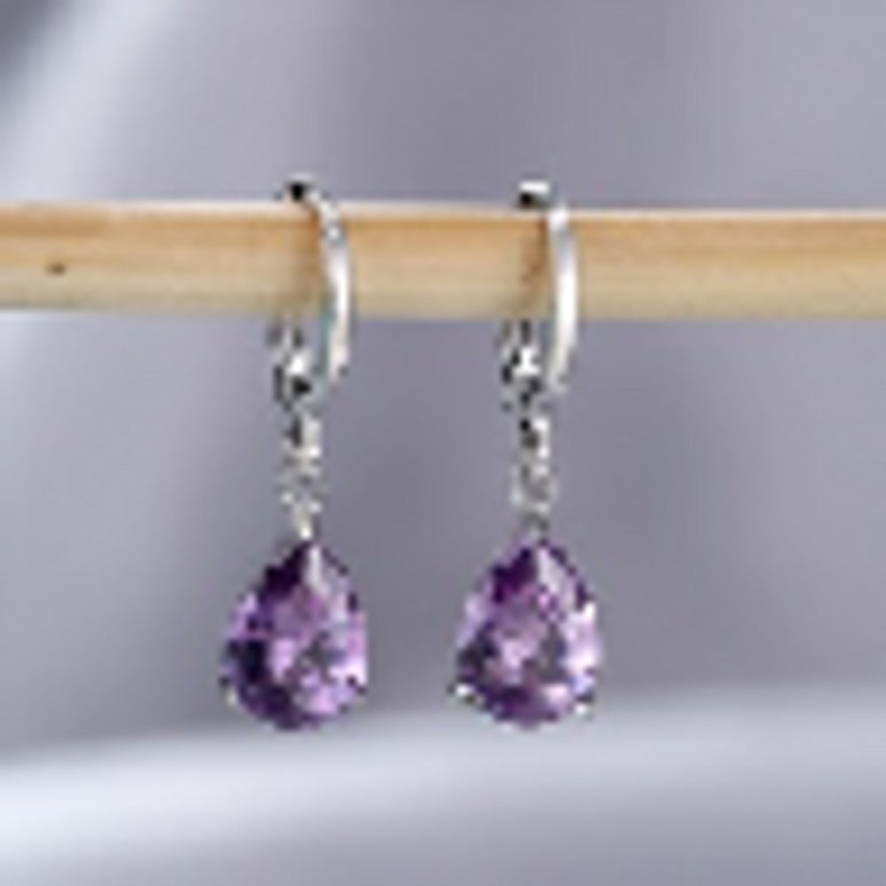 Silver-Tone Three-Prong Purple Pear-Cut Crystal Huggie Earrings