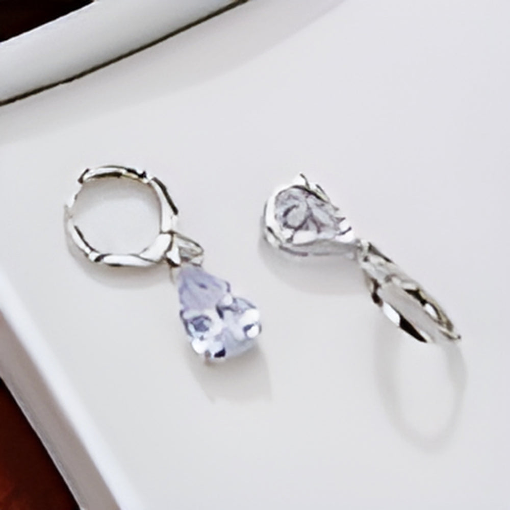 Silver-Tone White Crystal Three-Prong Pear Drop Huggie Earrings