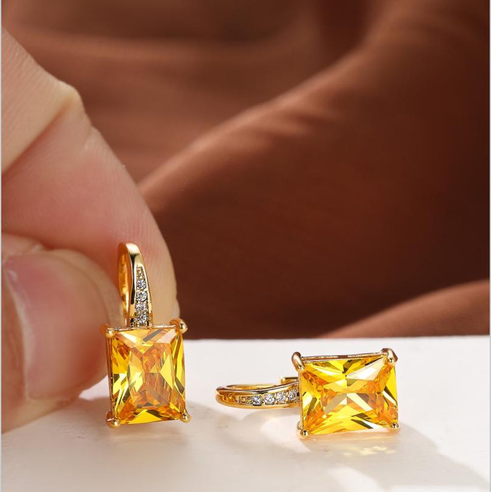Gold-Tone Rectangular Yellow Crystal Huggie Earrings