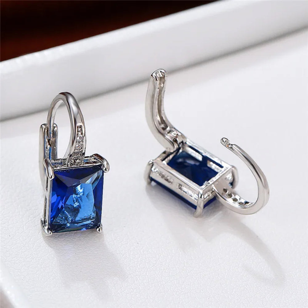 Silver-Tone Royal Blue Rectangular Crystal Huggie Earrings
