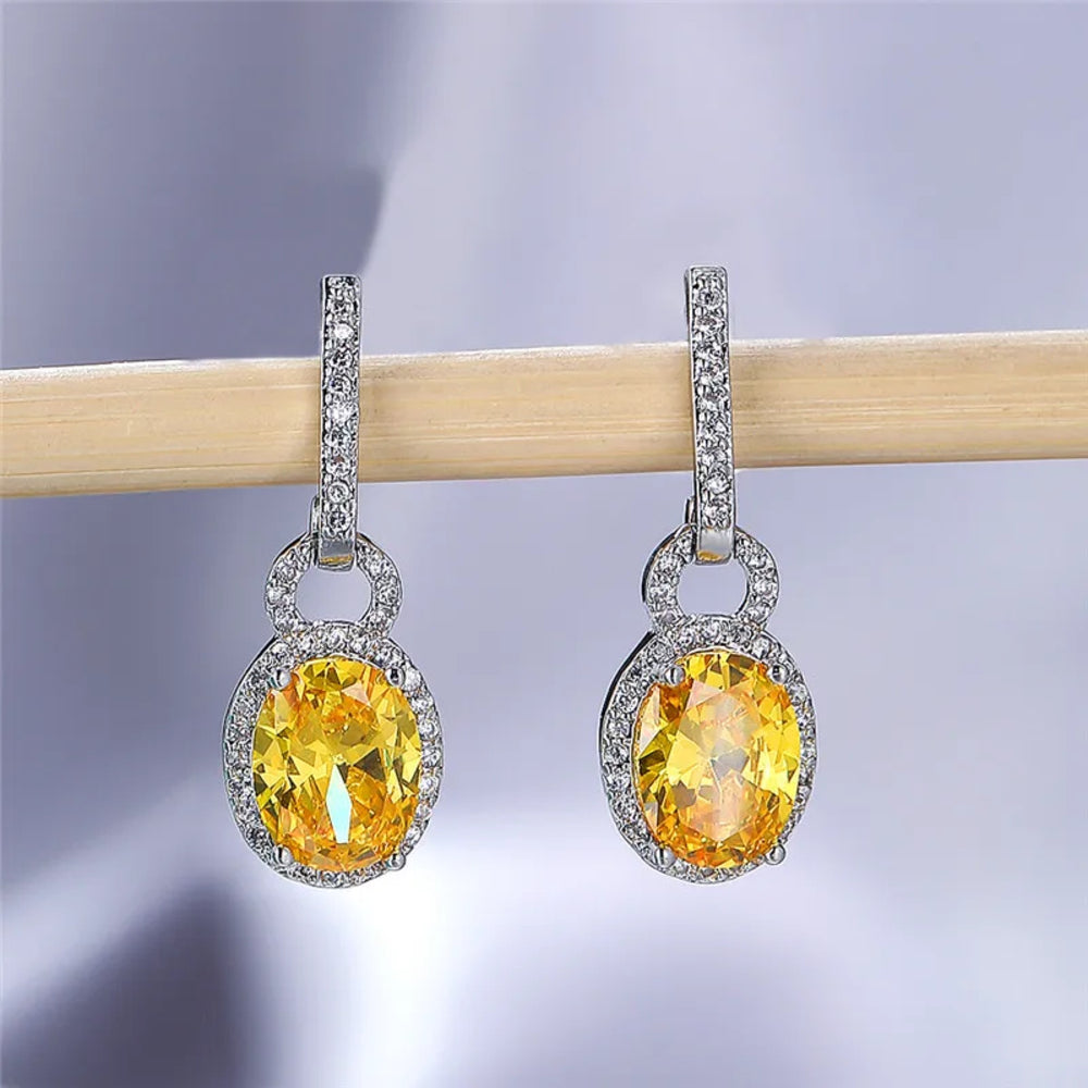 Silver-Tone Yellow Crystal Oval Halo Circle-Link Drop Earrings