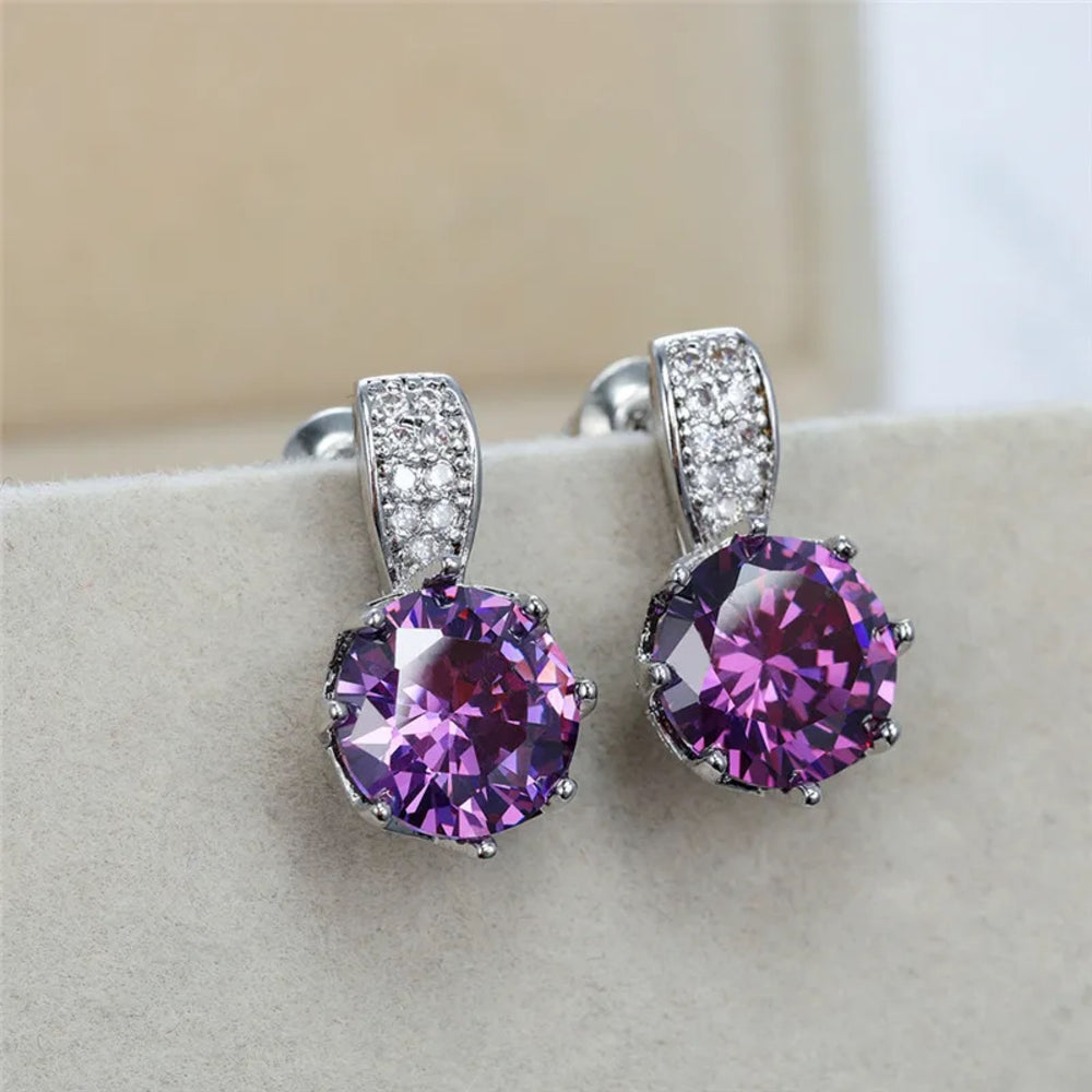 Silver-Tone Round Purple Crystal Solitaire Stud Earrings