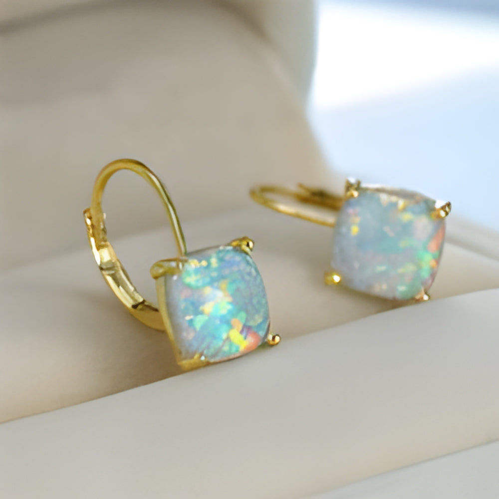 Gold-Tone Square White Simulated Opal Solitaire Huggie Earrings