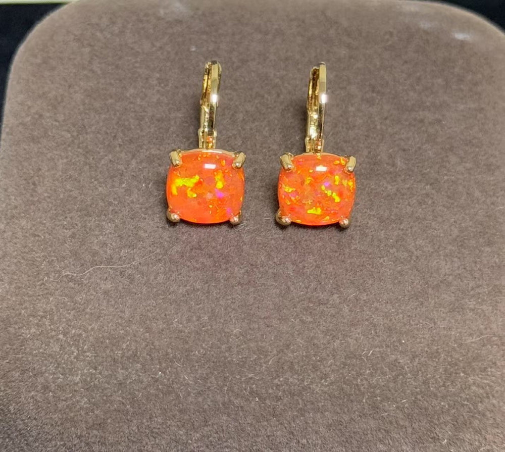 Gold-Tone Orange Simulated Opal Cushion Square Huggie Hoop Earrings