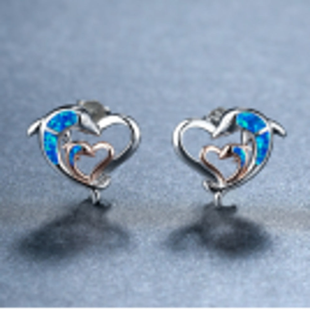 Silver-Tone Two-Tone Blue Simulated Opal Heart Stud Earrings