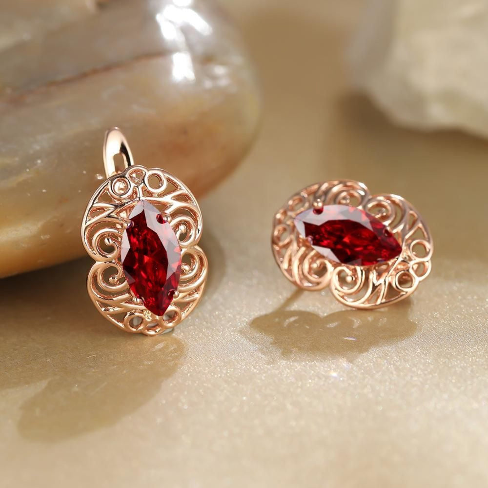 Rose Gold-Tone Red Marquise Crystal Filigree Medallion Earrings