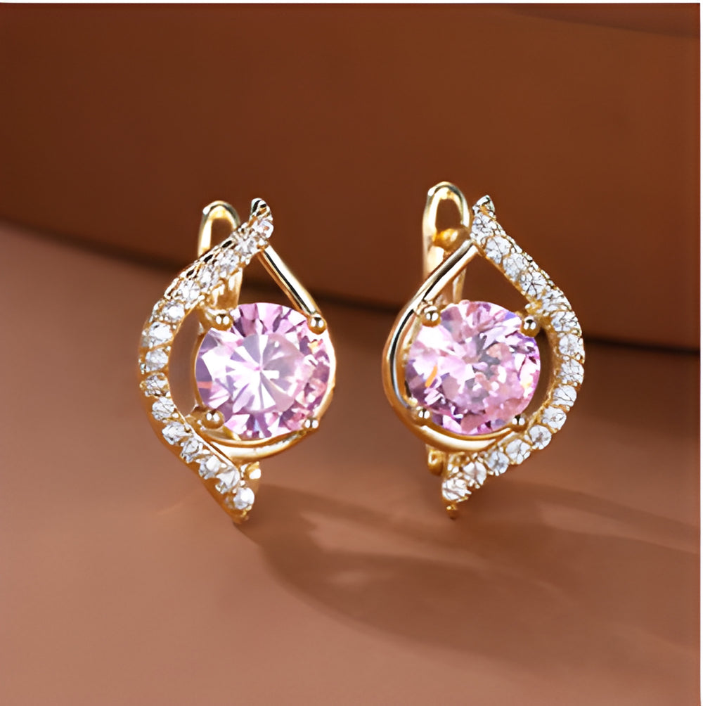 Champagne Gold-Tone Round Pink Crystal Pave Swirl Huggie Earrings