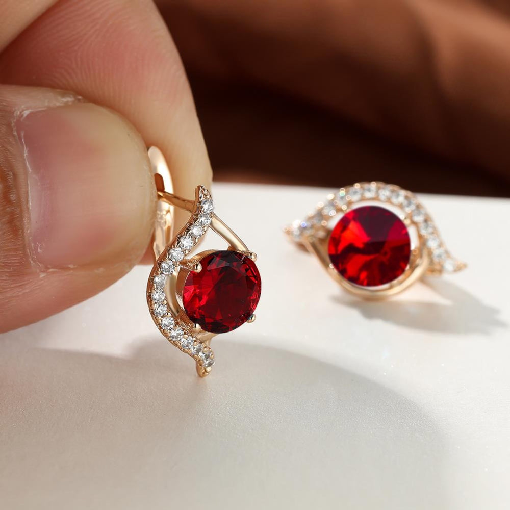 Champagne Gold-Tone Round Red Crystal Pave Swirl Huggie Earrings