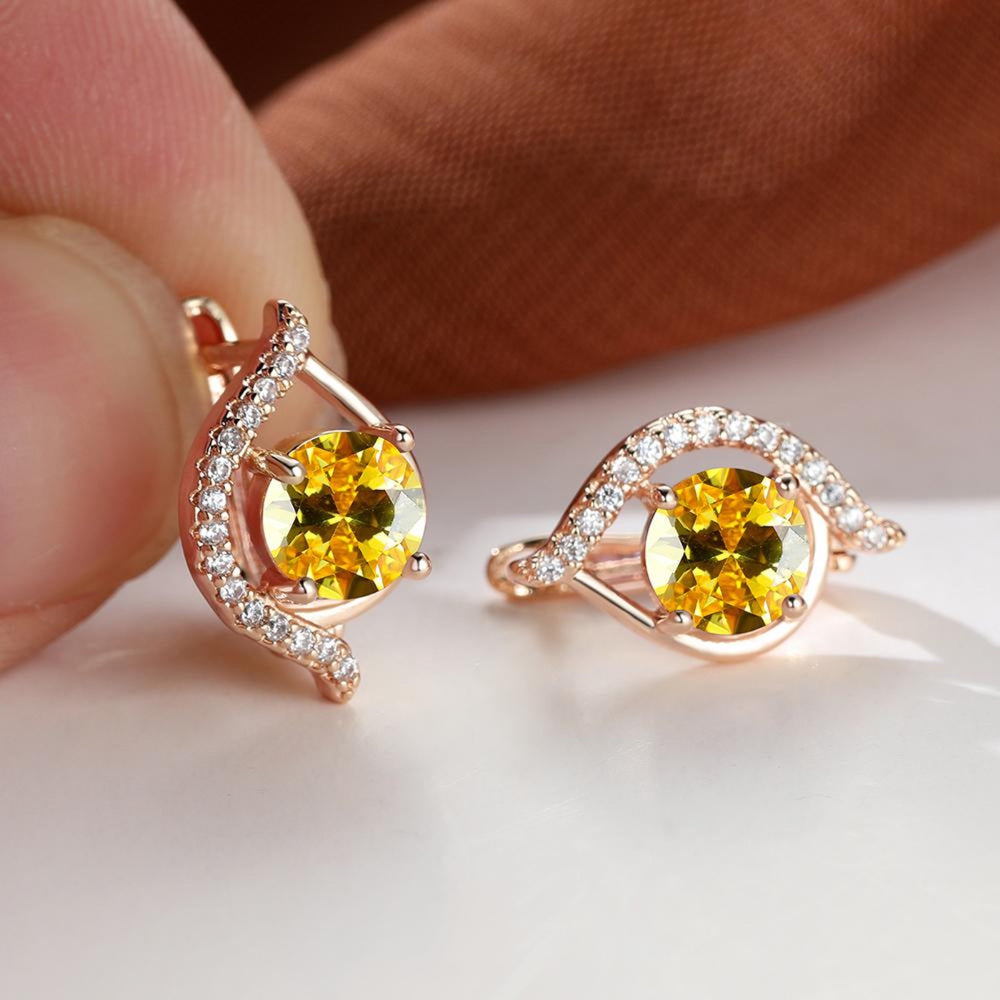 Champagne Gold-Tone Round Yellow Crystal Pave Swirl Huggie Earrings