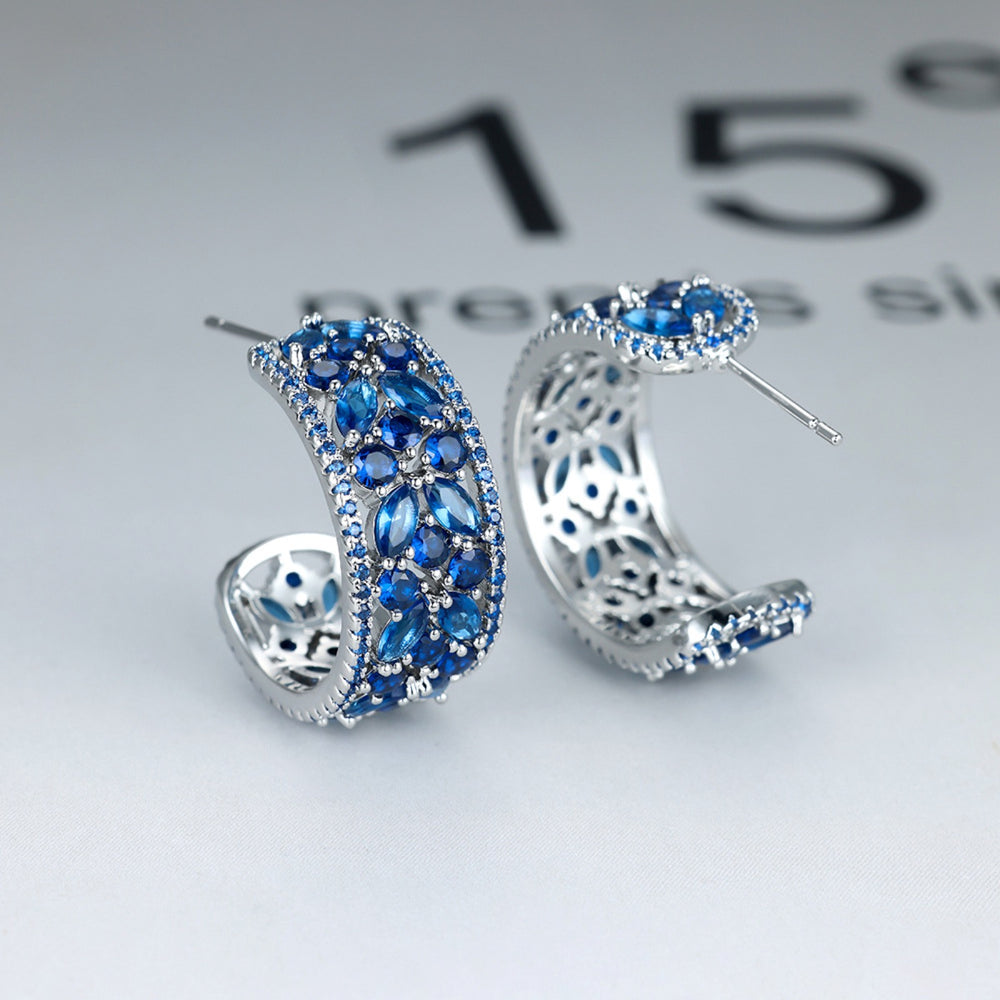 Silver-Tone Blue Crystal Flower Openwork C-Hoop Earrings