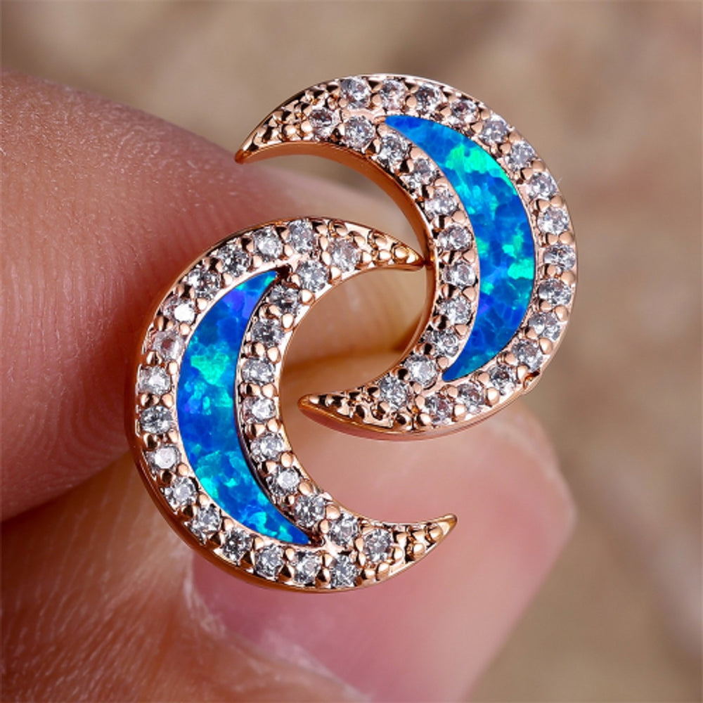 Rose Gold-Tone Blue Simulated Opal Moon Stud Earrings
