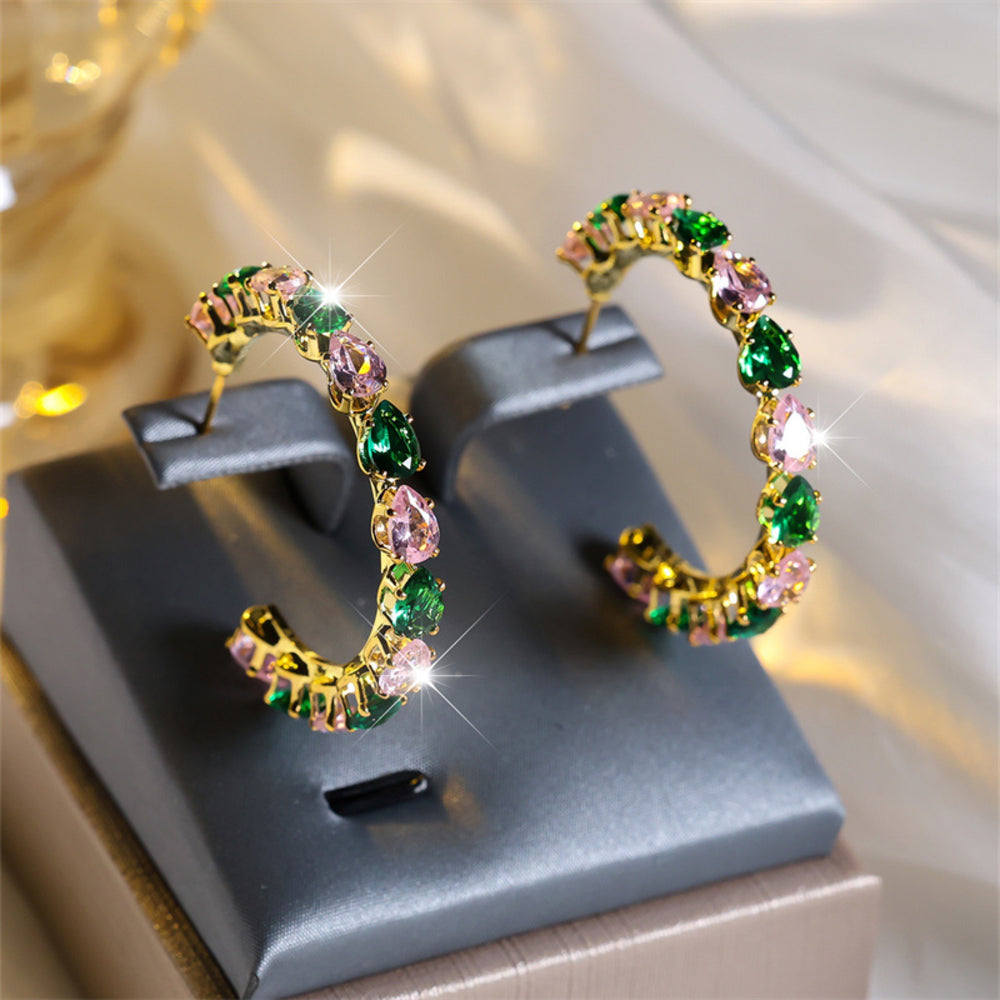 Gold-Tone Pink & Green Teardrop CZ Large C-Hoop Earrings