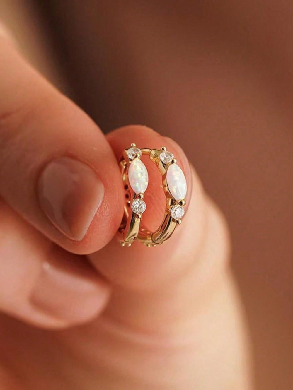 Gold-Tone Minimalist White Marquise Simulated Opal Huggie Earrings