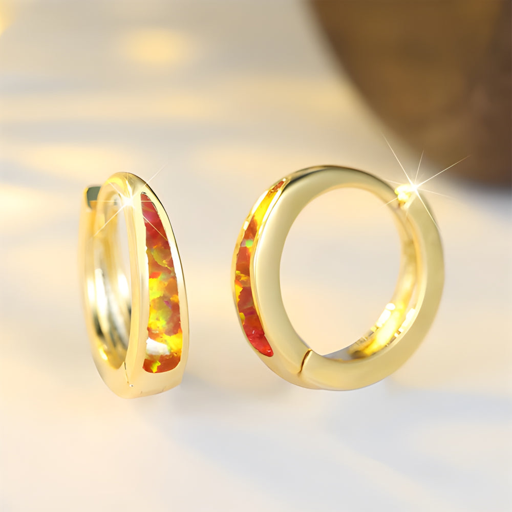 Gold-Tone Orange Simulated Opal Teardrop Inlay Round Hoop Earrings