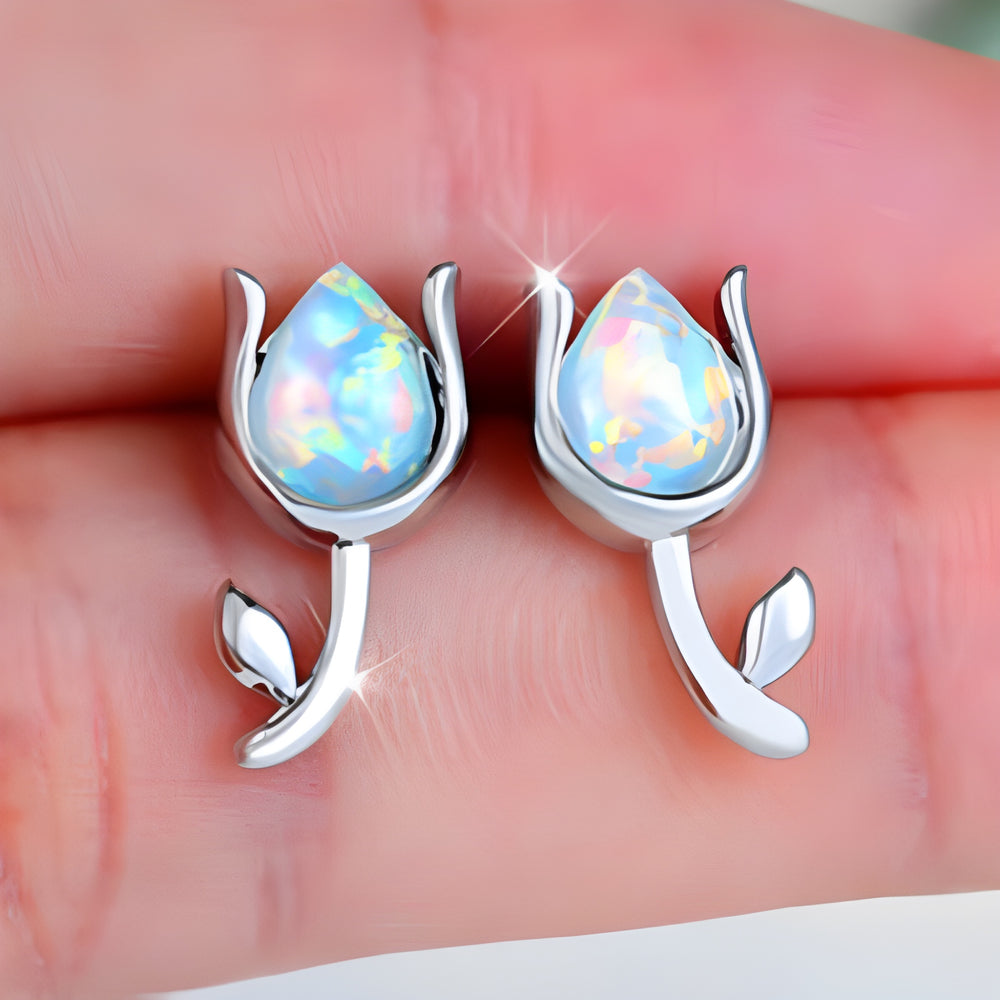 Silver-Tone White Simulated Opal Teardrop Tulip Flower Stud Earrings