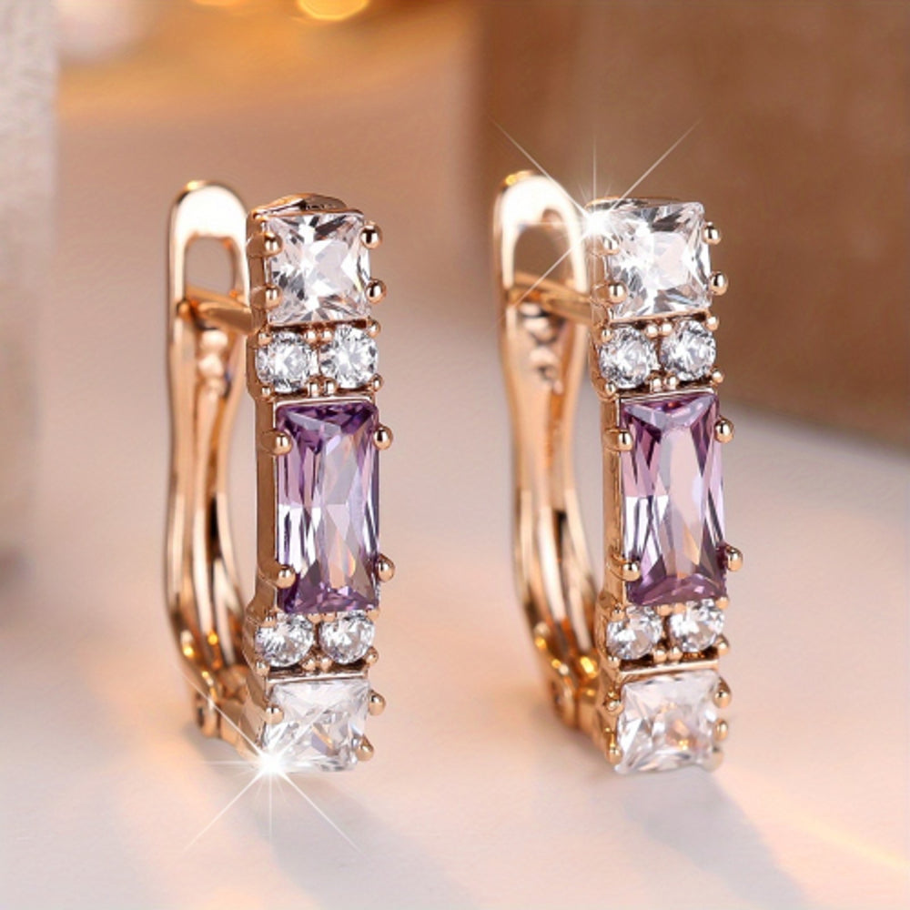 Champagne Gold-Tone Haloed Purple Baguette Crystal Huggie Earrings