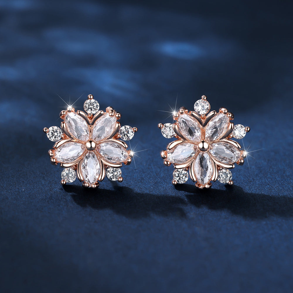 Rose Gold-Tone White Crystal Cherry Blossom Stud Earrings