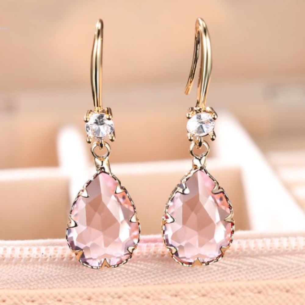 Champagne Gold-Tone Tourmaline-Pink Teardrop Crystal Drop Earrings