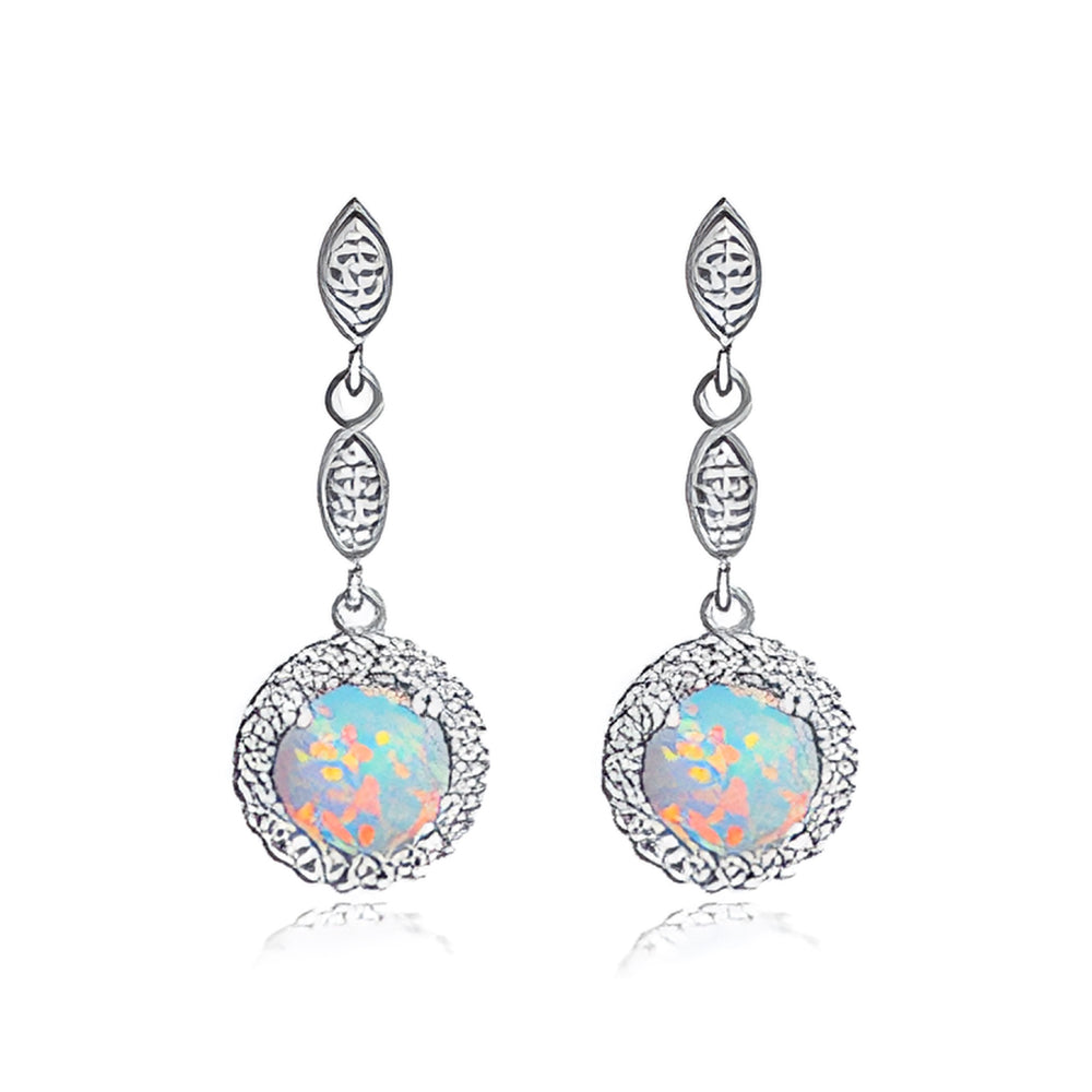 Silver-Tone White Simulated Opal Round Crystal Halo Drop Earrings