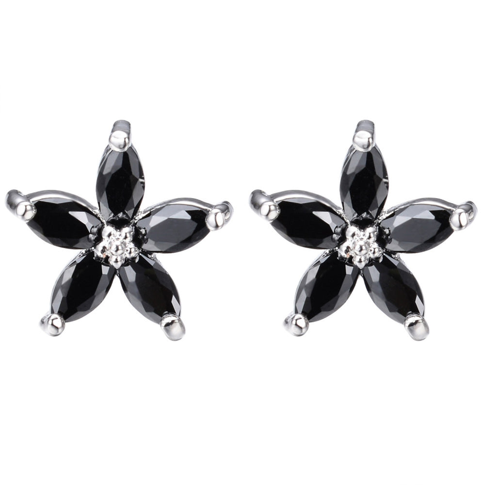 Silver-Tone Black Crystal Star Flower Stud Earrings
