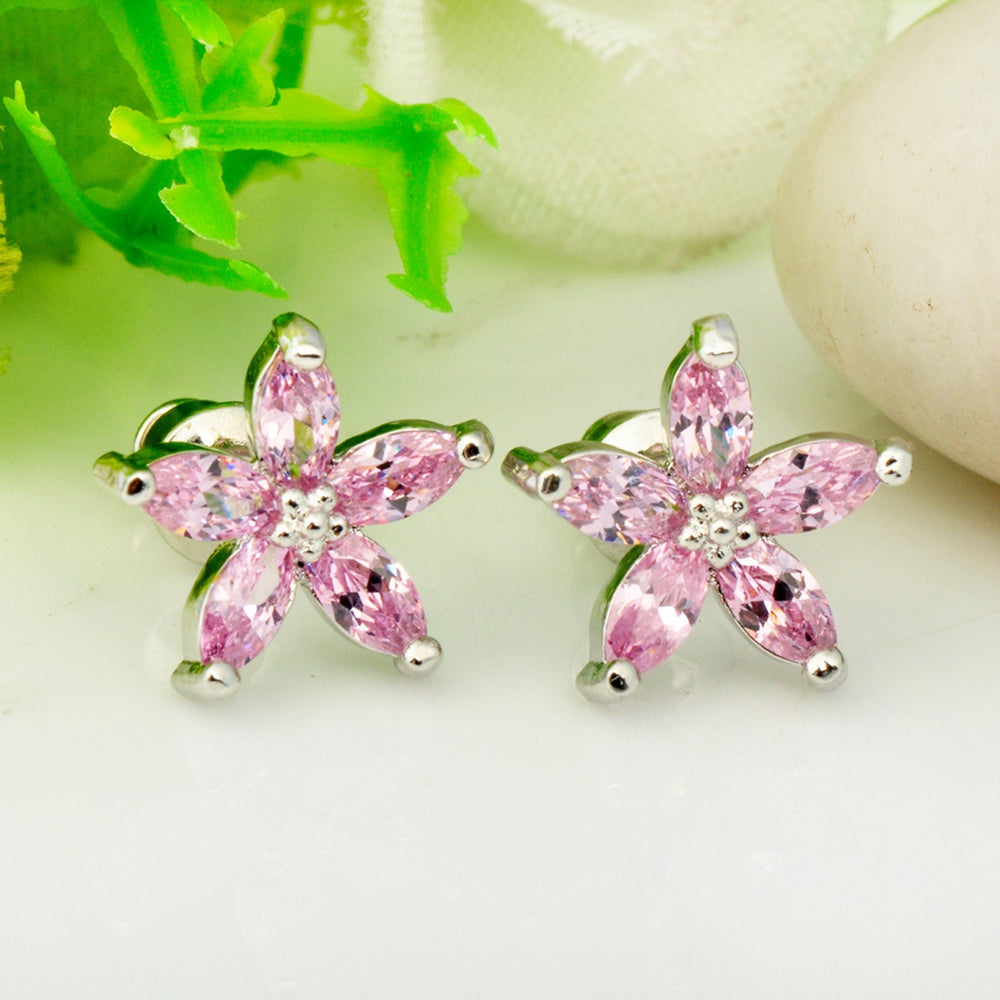 Silver-Tone Pink Crystal Star Flower Stud Earrings