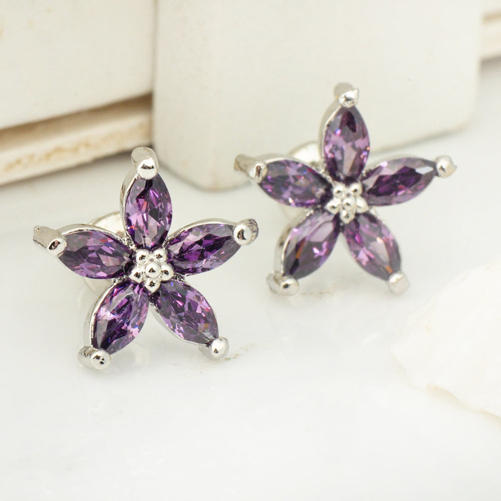 Silver-Tone Purple Crystal Five-Petal Star Flower Stud Earrings