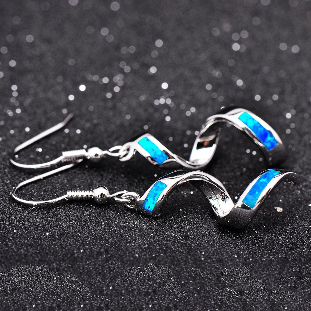 Silver-Tone Blue Simulated Opal Inlay Spiral Twist Drop Earrings