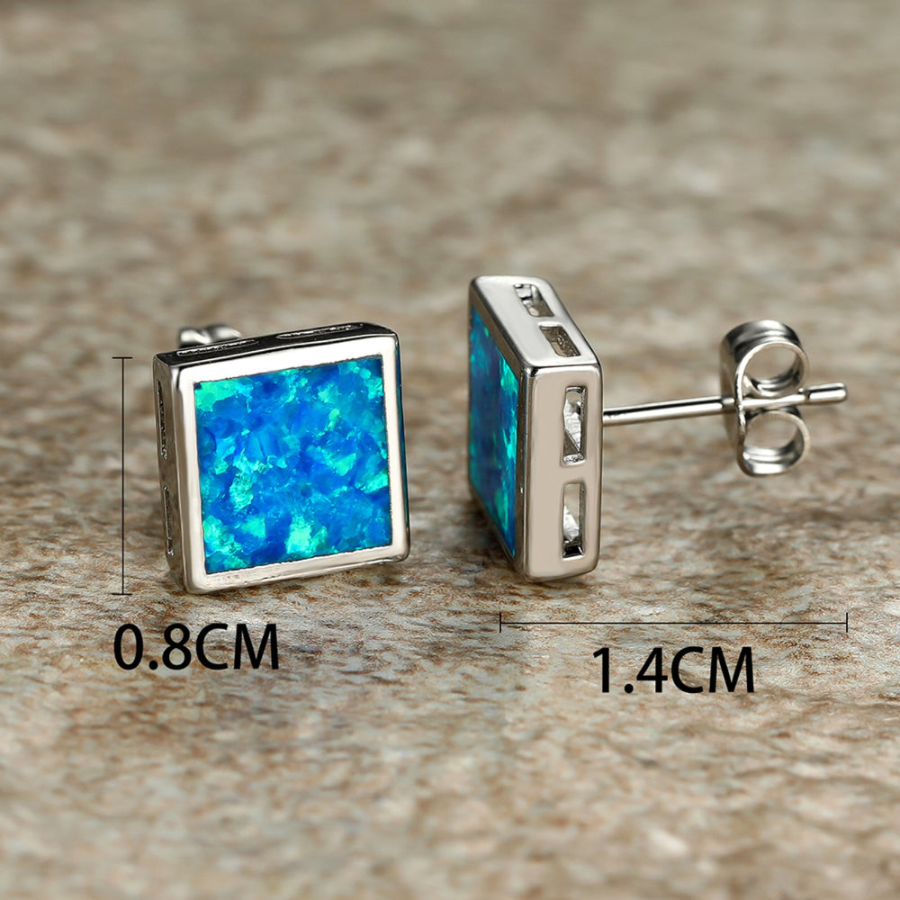 Silver-Tone Square Ocean Blue Simulated Opal Stud Earrings