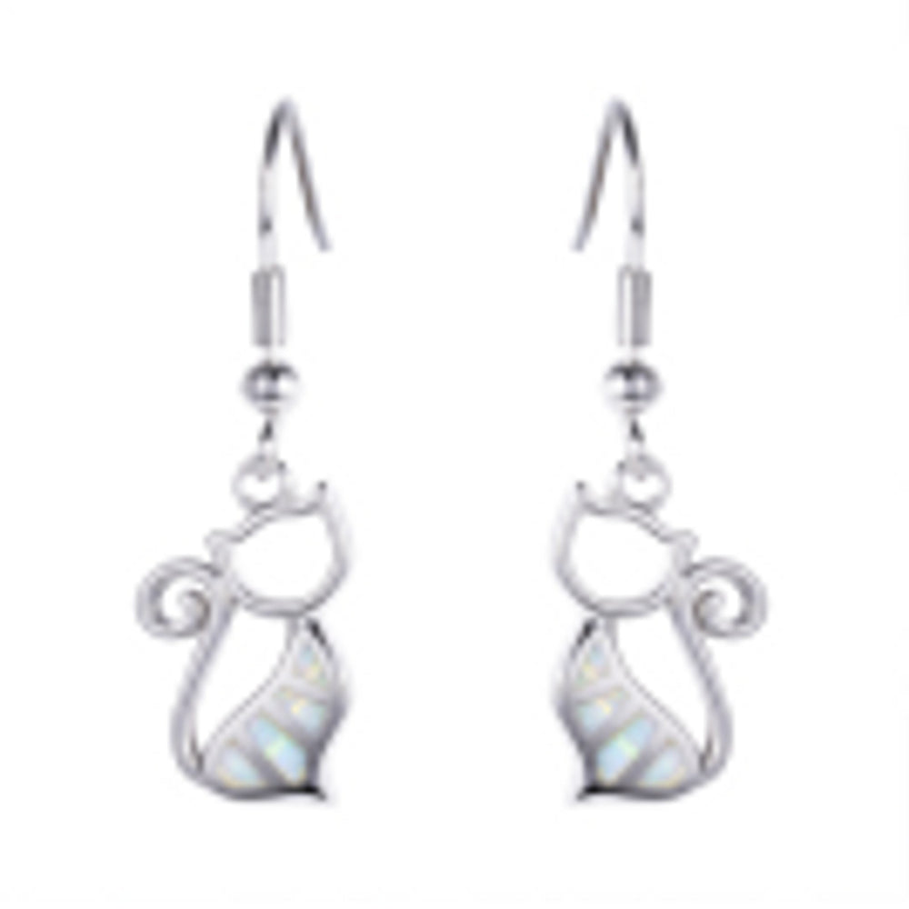 Silver-Tone White Simulated Opal Cat Drop Earrings