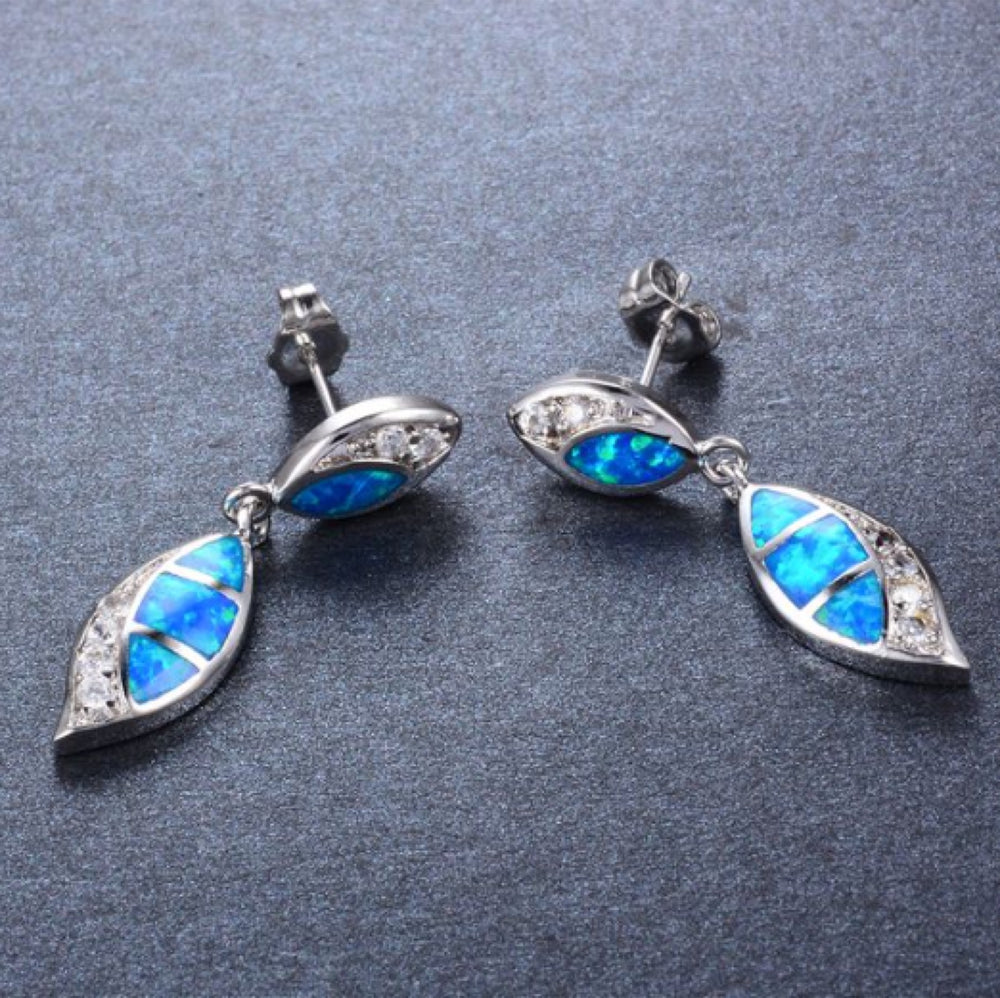 Silver-Tone Double Marquise Blue Simulated Opal Crystal Drop Earrings