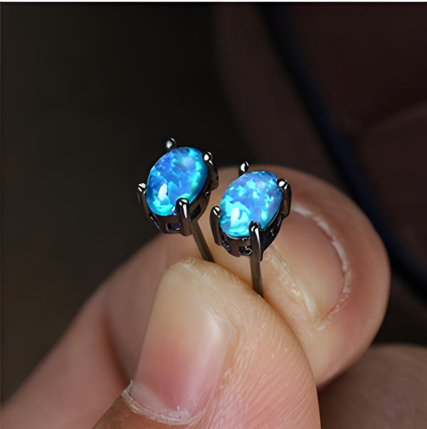 Black & Gold-Tone Oval Blue Simulated Opal Four-Prong Stud Earrings