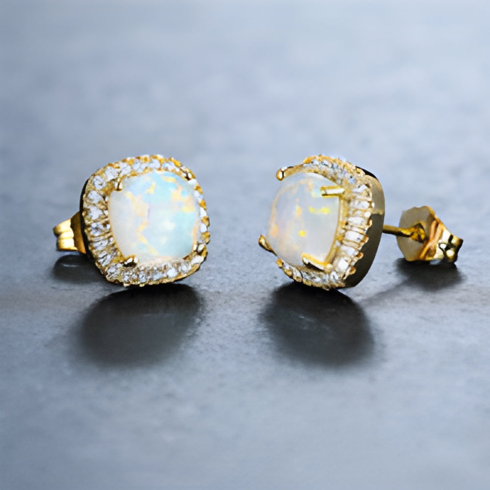 Gold-Tone White Simulated Opal Cushion Crystal Halo Stud Earrings