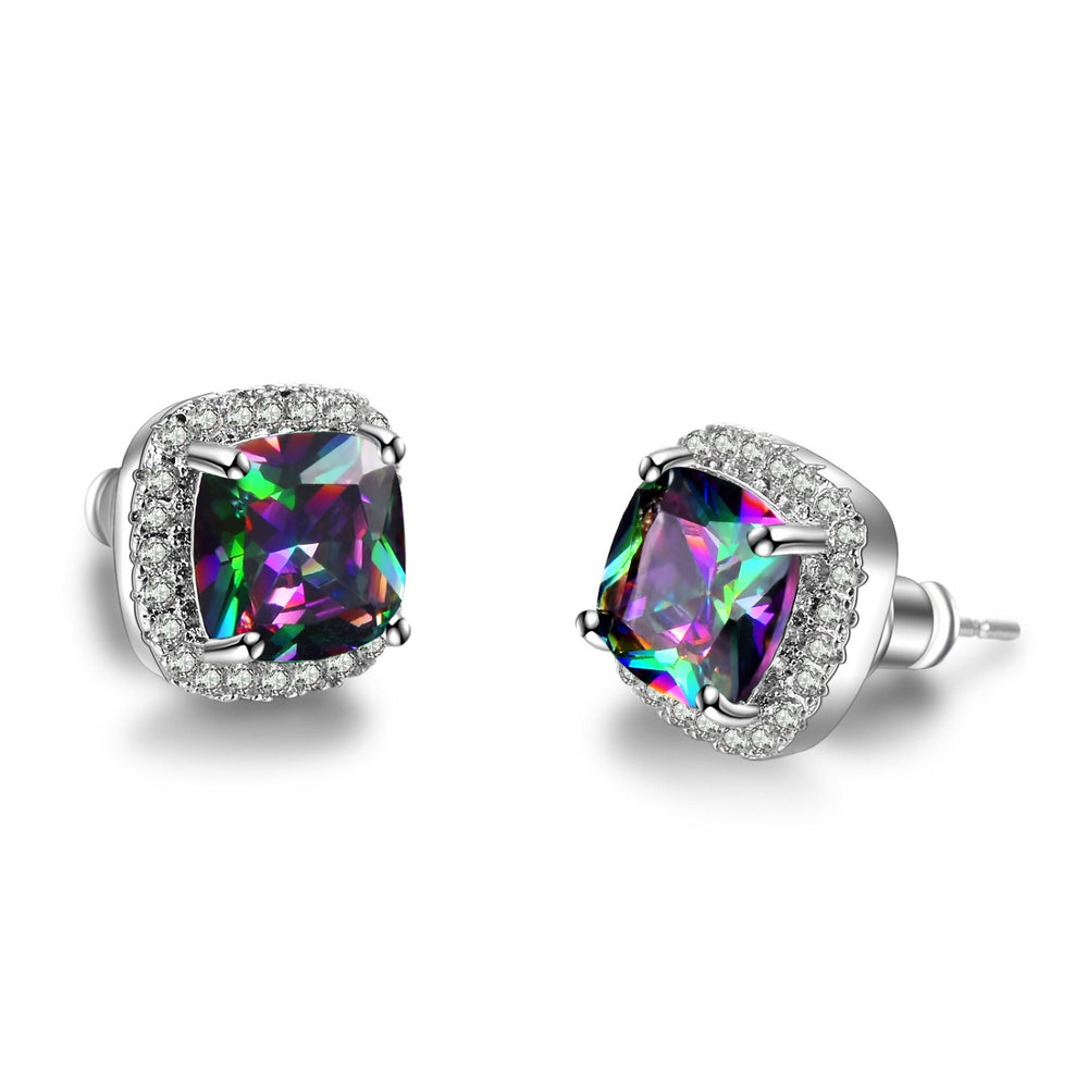 Silver-Tone Mystic Rainbow Crystal Cushion Halo Stud Earrings