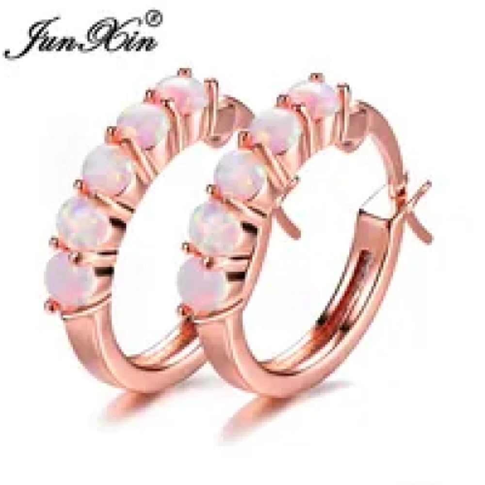Rose Gold-Tone White Round Simulated Opal Huggie Earrings