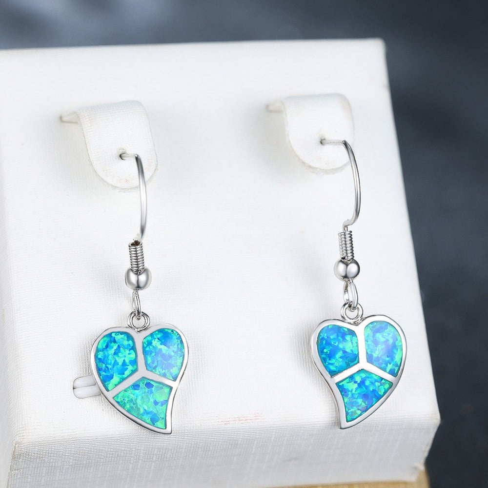 Silver-Tone Three-Section Blue Simulated Opal Inlay Heart Drop Earrings